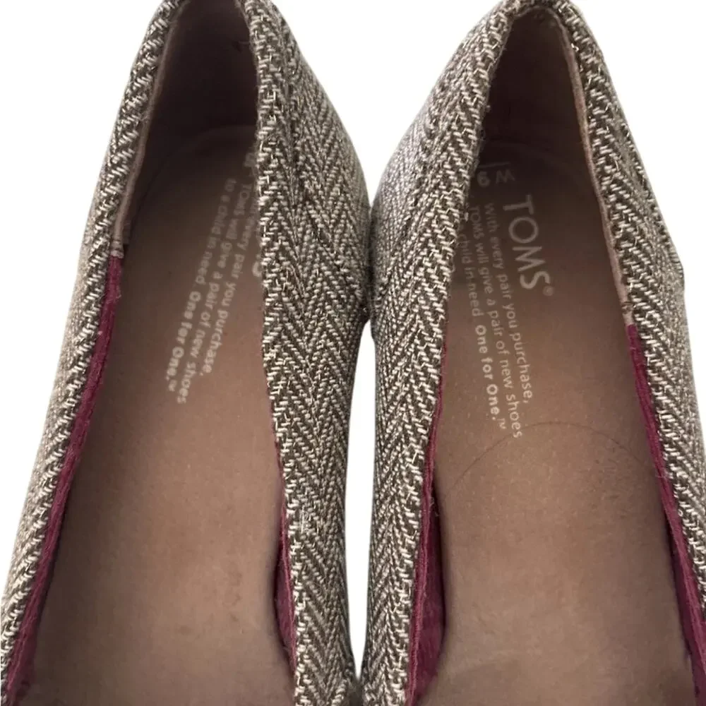 TOMS Stella Calypso Brown Metallic Herringbone Tweed Peep Toe Cork Wedge